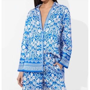 NEW Alice + Olivia Kiva Oversize Mixed Print Button-Up Shirt Soiree Trueblue Med